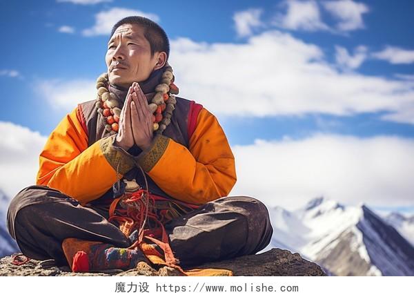 穿着藏服的藏族人在山顶上祈祷亚洲西藏文化少数民族